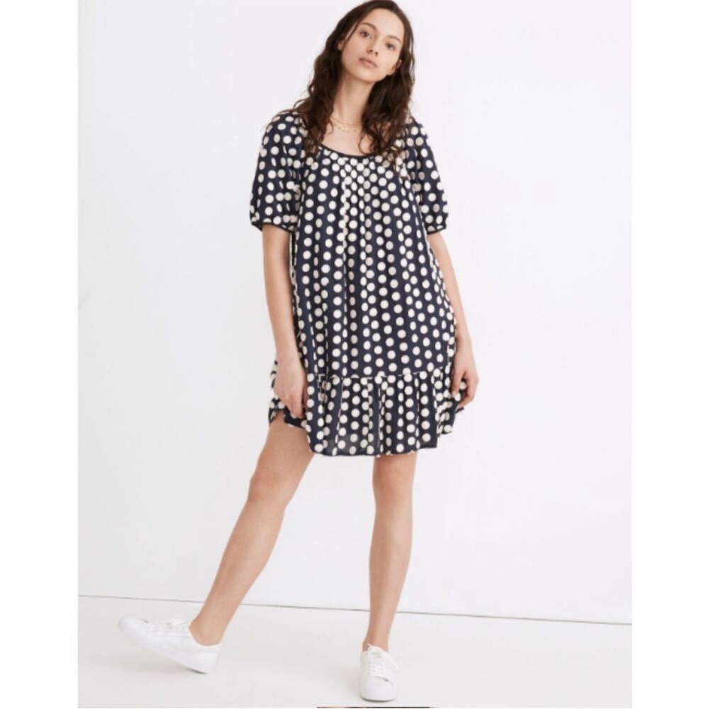 Madewell Shirred Ruffle-Hem Mini Dress Woman’s M Navy White Textural Polka Dot